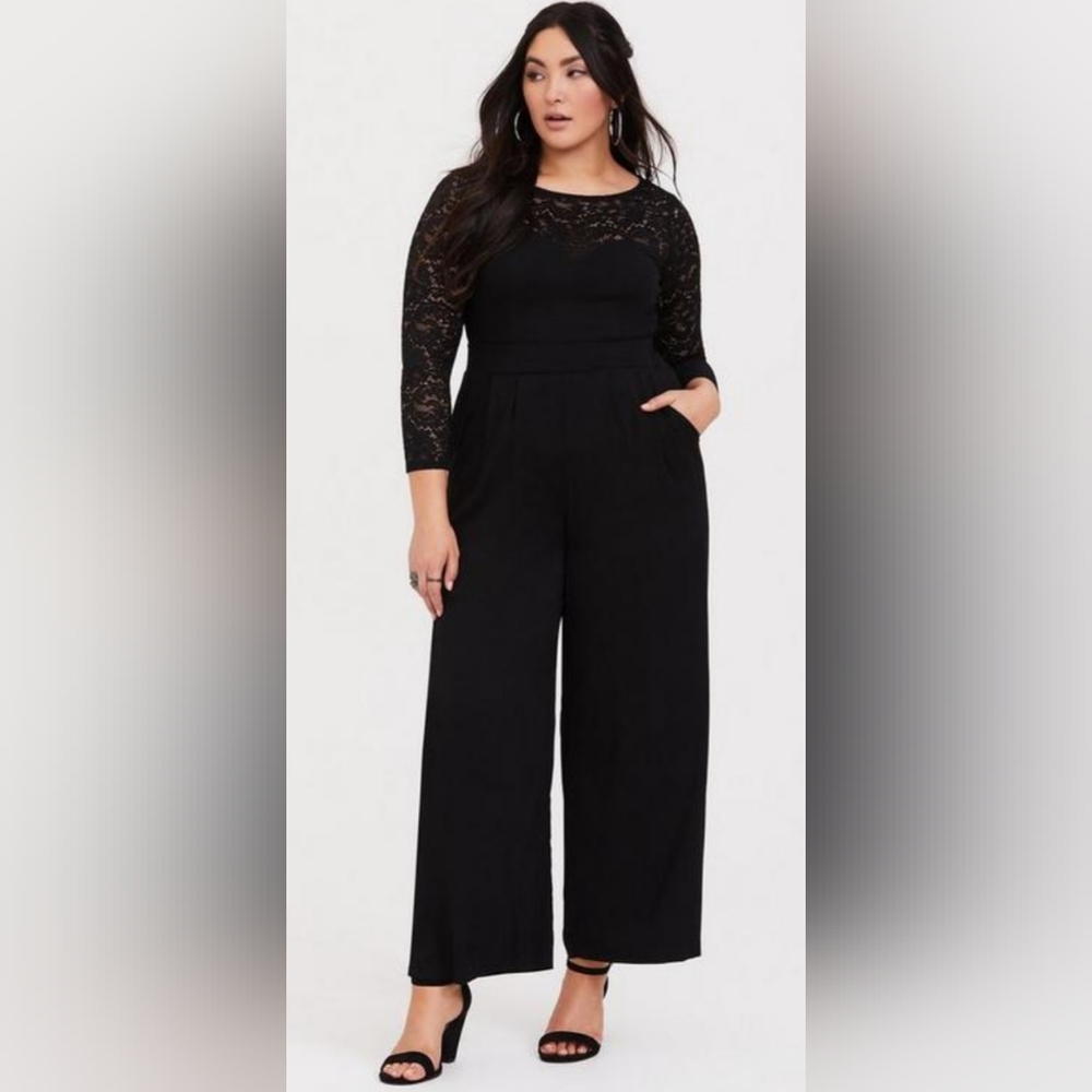 Torrid, NWOT, Black Lace Sweetheart Bodice Challis, Wide Leg Jumpsuit, Size 3X - Picture 6 of 9